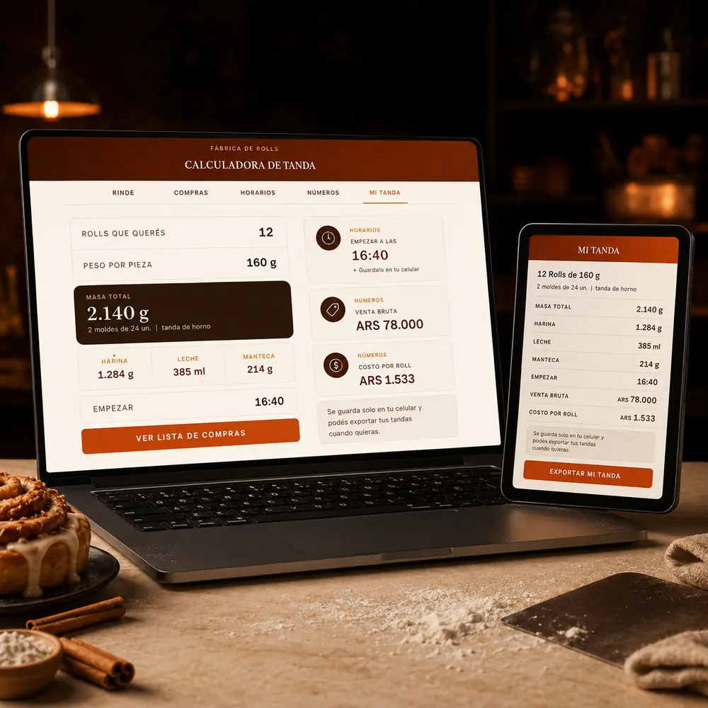 Calculadora de Tanda en una interfaz web cálida con módulos de rinde, compras, horarios y números.