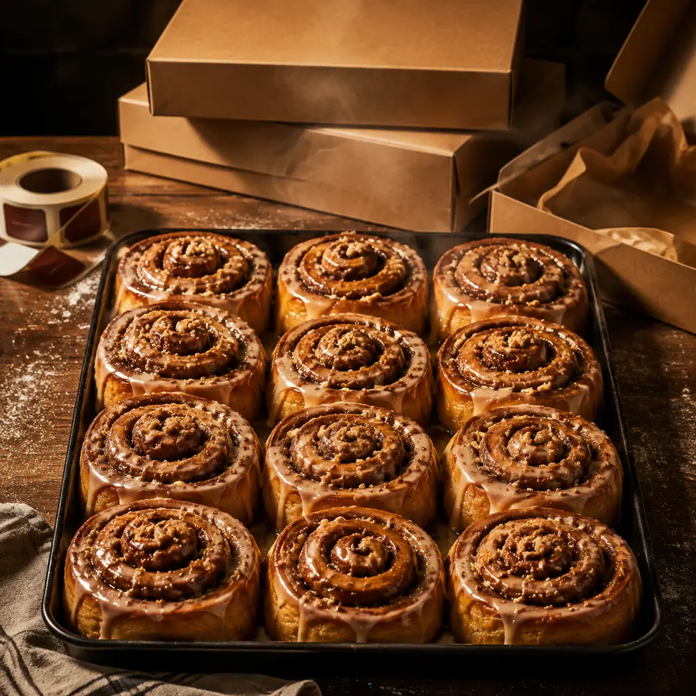 Tanda completa de doce rolls gigantes recién horneados, lista para vender.